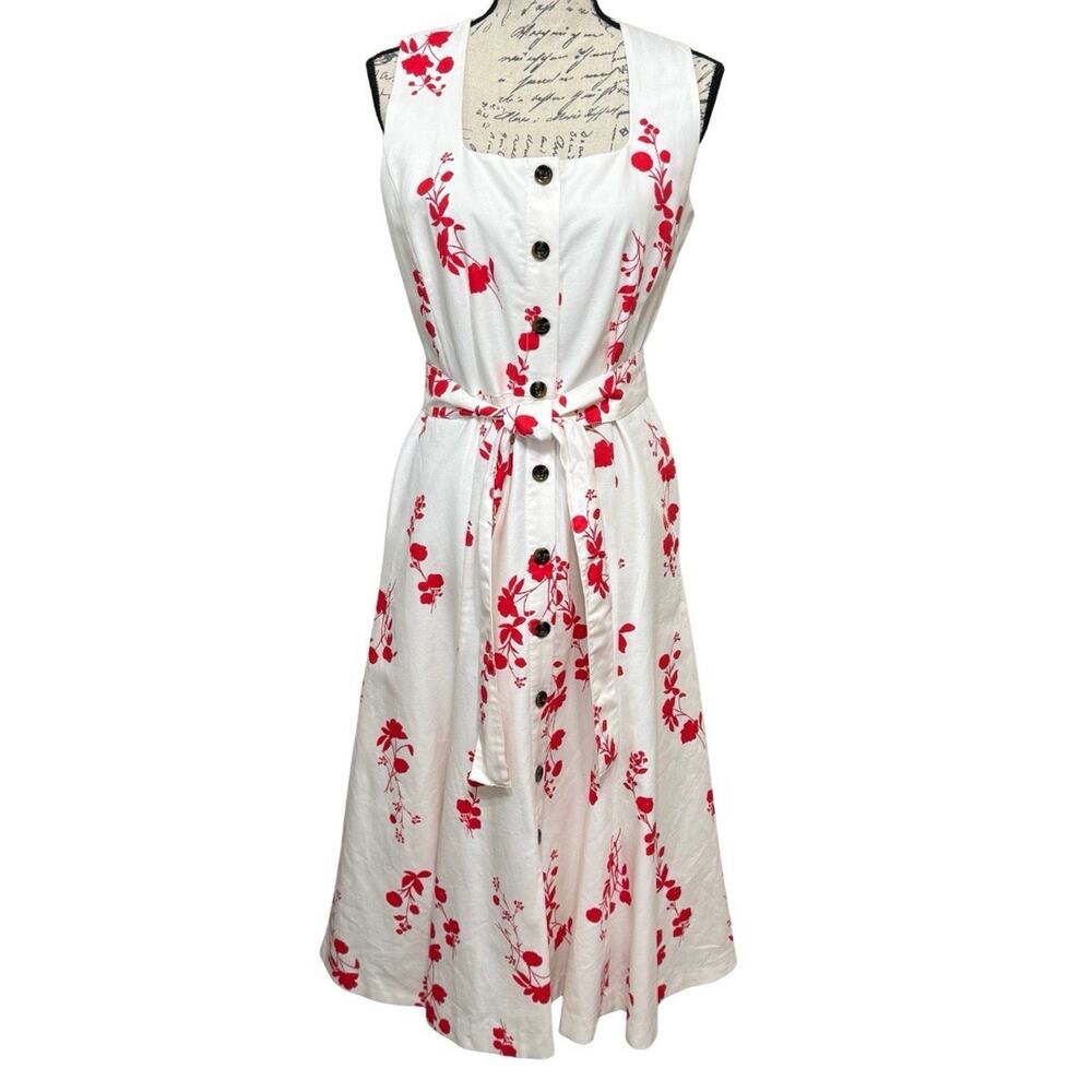 Ann Taylor Button Flare Dress Size 4 White Red Floral Sleeveless Belted Lined
